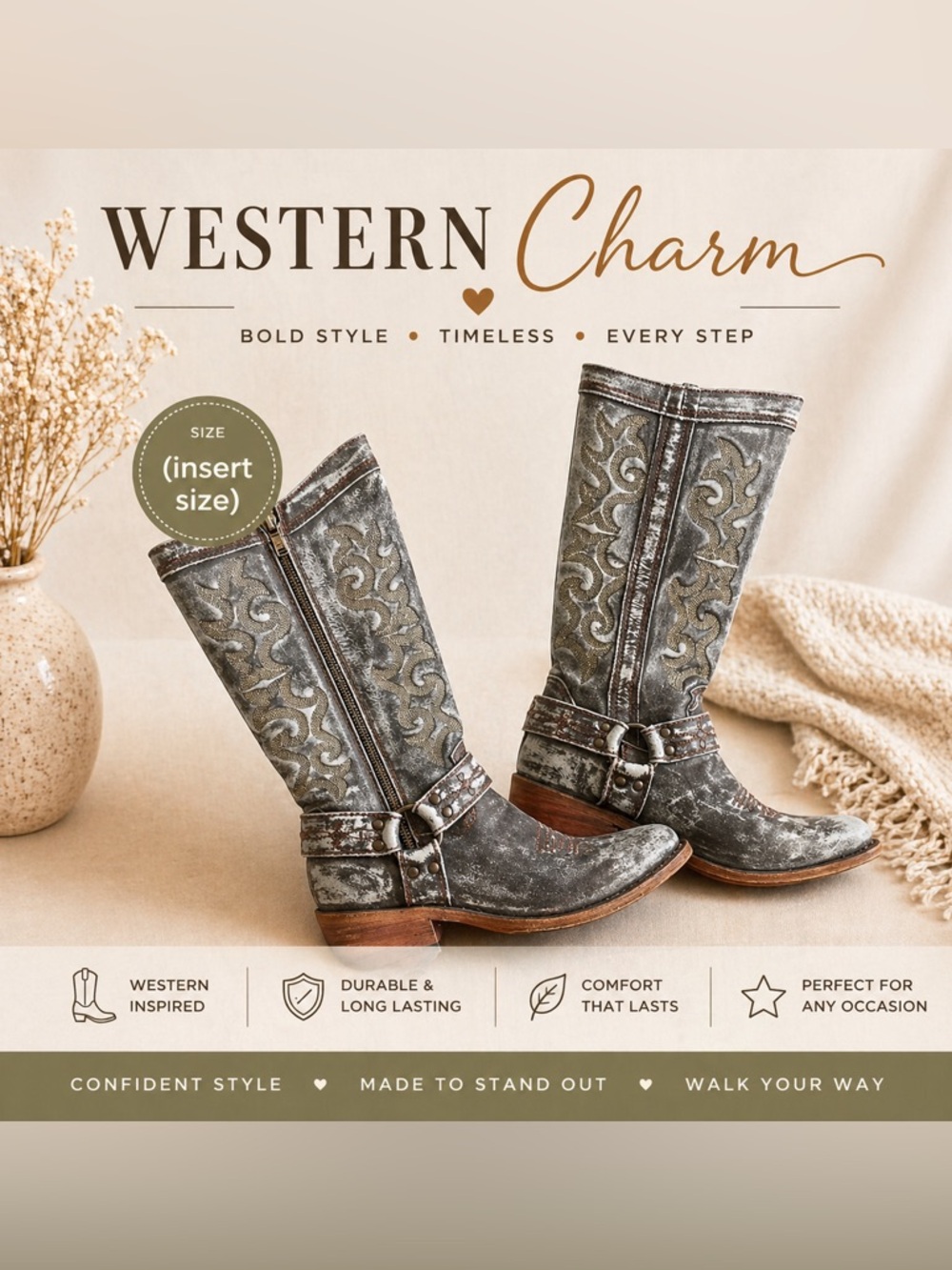 LIBERTY Black Distressed Gray/Blue Embroidered Leather Heeled Boots
